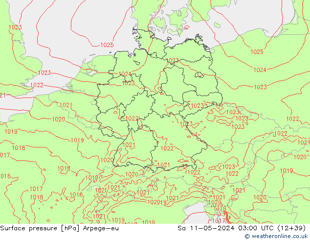 Pressione al suolo Arpege-eu sab 11.05.2024 03 UTC
