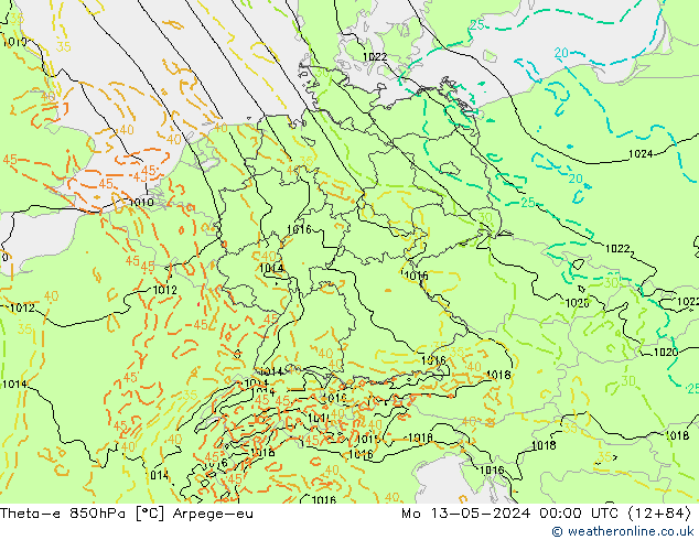 Theta-e 850hPa Arpege-eu Mo 13.05.2024 00 UTC