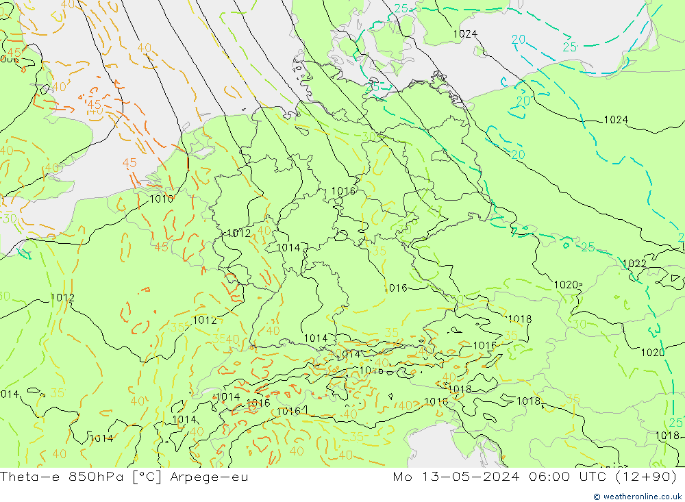 Theta-e 850hPa Arpege-eu Seg 13.05.2024 06 UTC