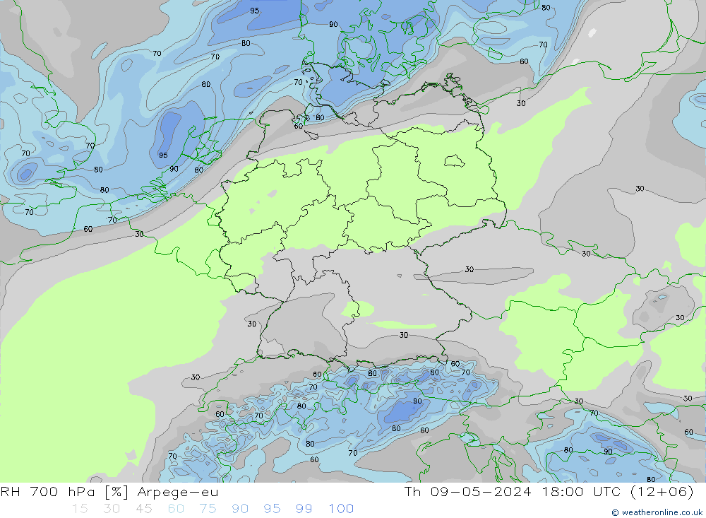 Humedad rel. 700hPa Arpege-eu jue 09.05.2024 18 UTC