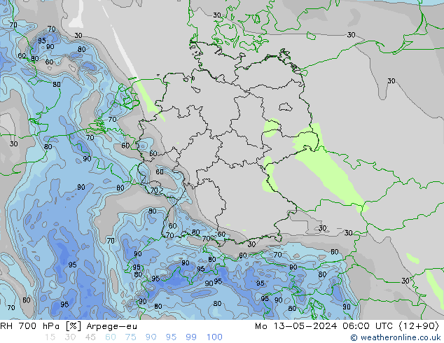 Humidité rel. 700 hPa Arpege-eu lun 13.05.2024 06 UTC
