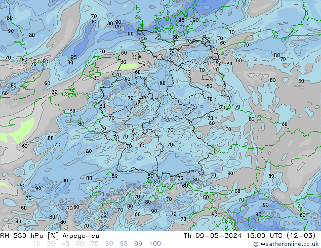 RH 850 hPa Arpege-eu 星期四 09.05.2024 15 UTC