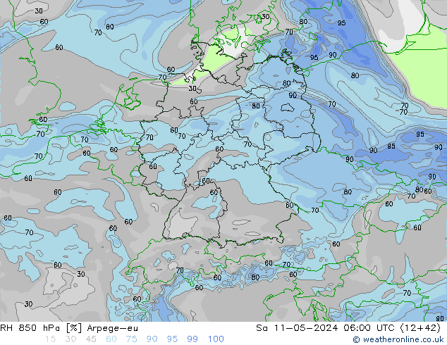 Humidité rel. 850 hPa Arpege-eu sam 11.05.2024 06 UTC