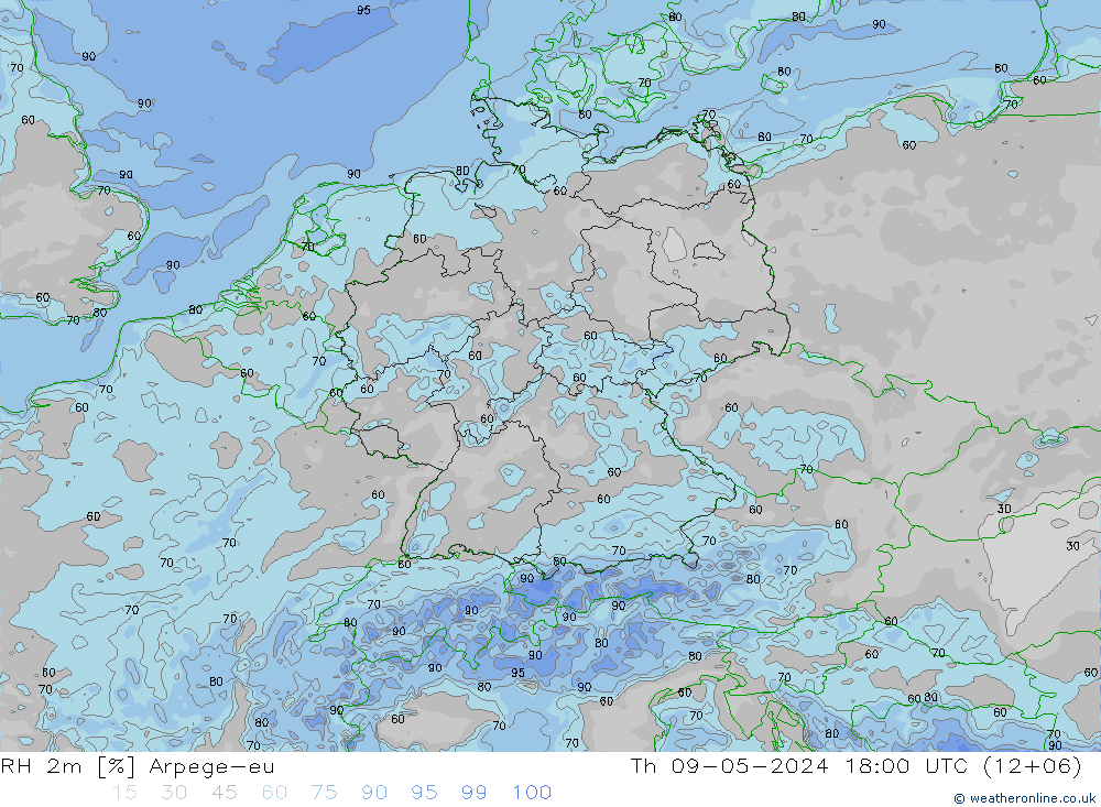 RH 2m Arpege-eu Do 09.05.2024 18 UTC