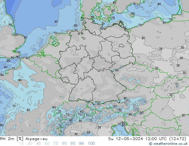 Humidité rel. 2m Arpege-eu dim 12.05.2024 12 UTC