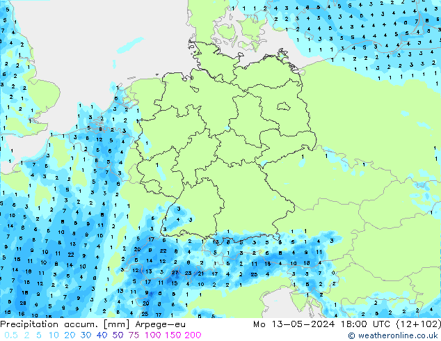 Totale neerslag Arpege-eu ma 13.05.2024 18 UTC