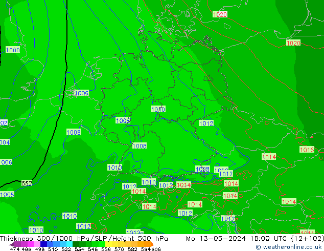 Schichtdicke 500-1000 hPa Arpege-eu Mo 13.05.2024 18 UTC