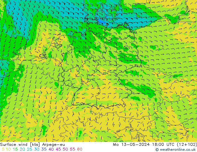 Surface wind Arpege-eu Mo 13.05.2024 18 UTC