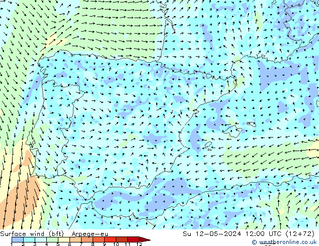Surface wind (bft) Arpege-eu Ne 12.05.2024 12 UTC