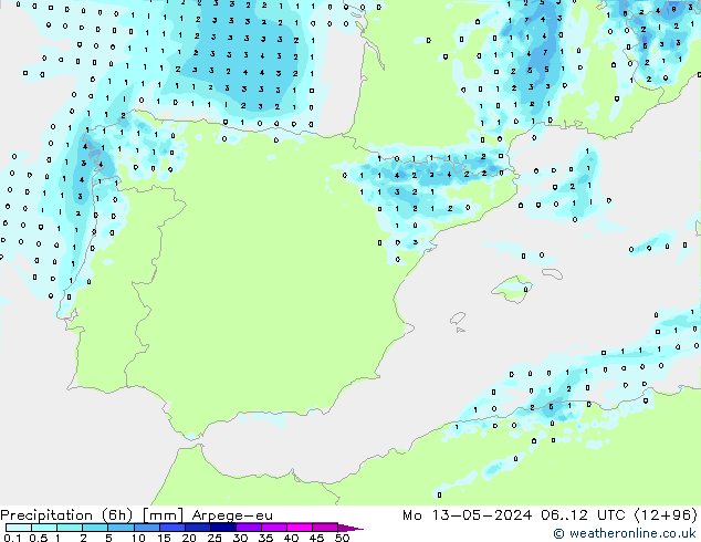 Precipitation (6h) Arpege-eu Po 13.05.2024 12 UTC