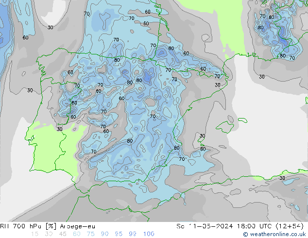 RH 700 hPa Arpege-eu Sáb 11.05.2024 18 UTC