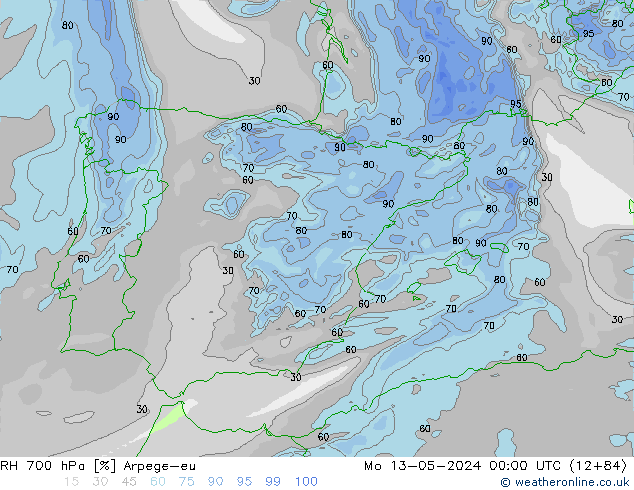 Humidité rel. 700 hPa Arpege-eu lun 13.05.2024 00 UTC