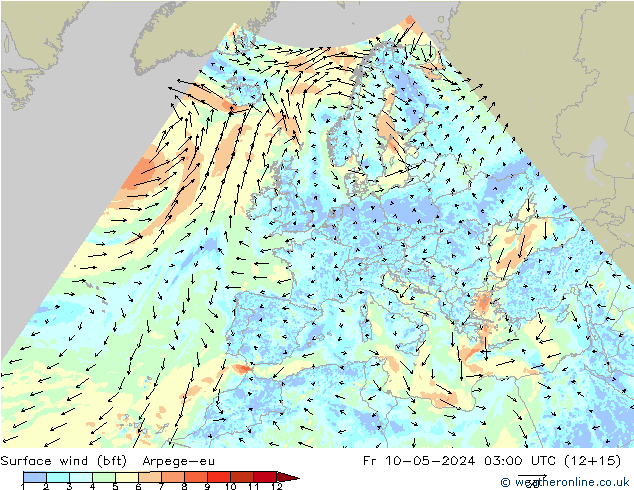 Wind 10 m (bft) Arpege-eu vr 10.05.2024 03 UTC