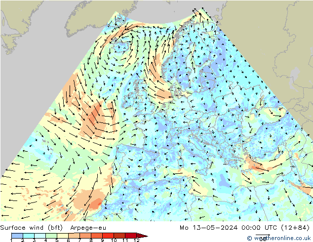Bodenwind (bft) Arpege-eu Mo 13.05.2024 00 UTC