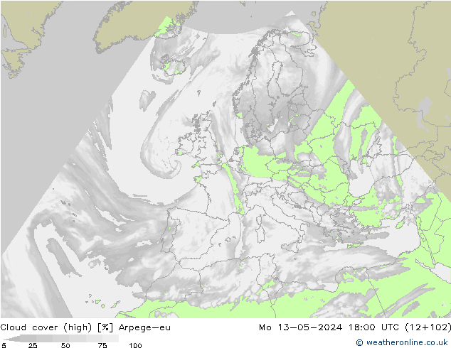 Cloud cover (high) Arpege-eu Mo 13.05.2024 18 UTC
