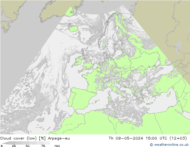 Cloud cover (low) Arpege-eu Th 09.05.2024 15 UTC