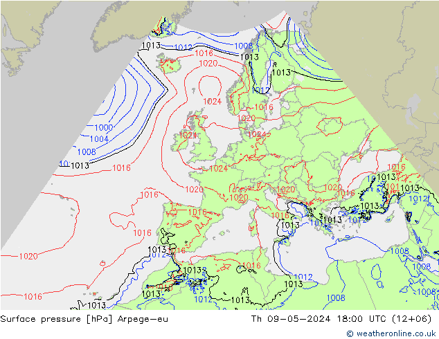 地面气压 Arpege-eu 星期四 09.05.2024 18 UTC