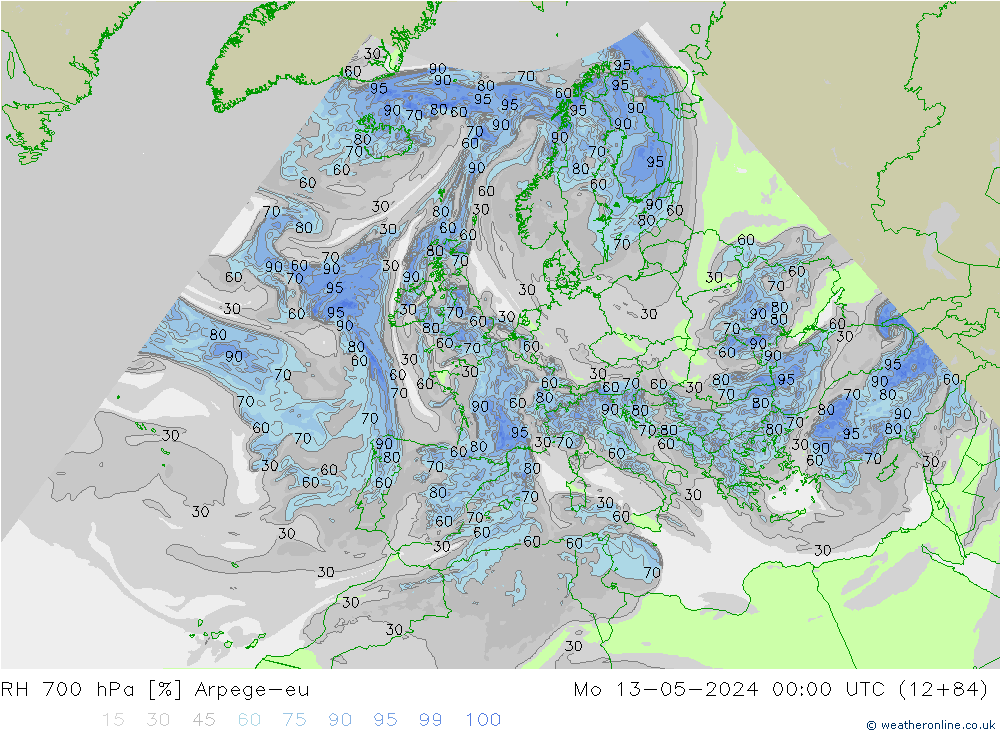 RH 700 hPa Arpege-eu Mo 13.05.2024 00 UTC