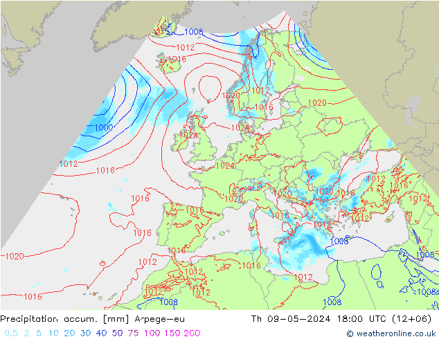 Precipitation accum. Arpege-eu 星期四 09.05.2024 18 UTC