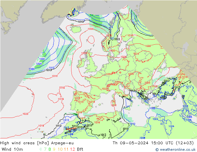 High wind areas Arpege-eu 星期四 09.05.2024 15 UTC