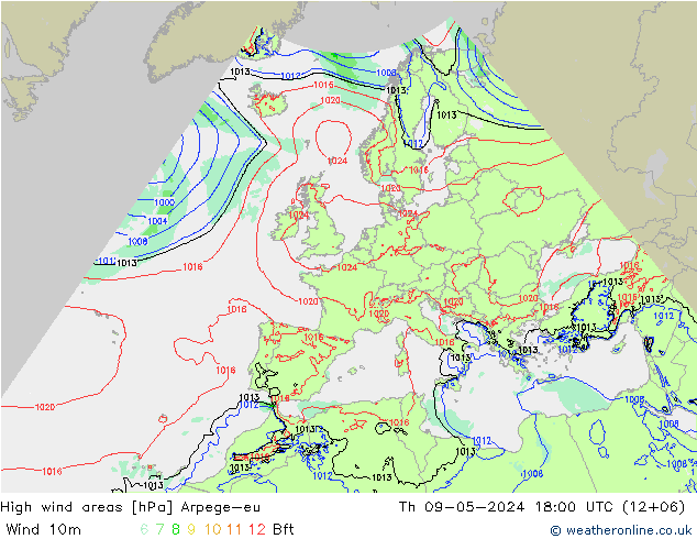 High wind areas Arpege-eu 星期四 09.05.2024 18 UTC