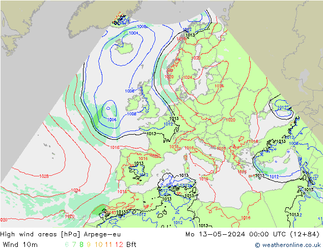 High wind areas Arpege-eu Mo 13.05.2024 00 UTC