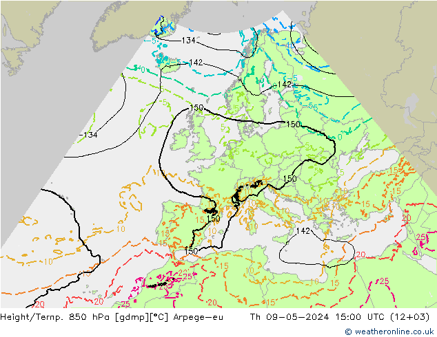Height/Temp. 850 hPa Arpege-eu 星期四 09.05.2024 15 UTC