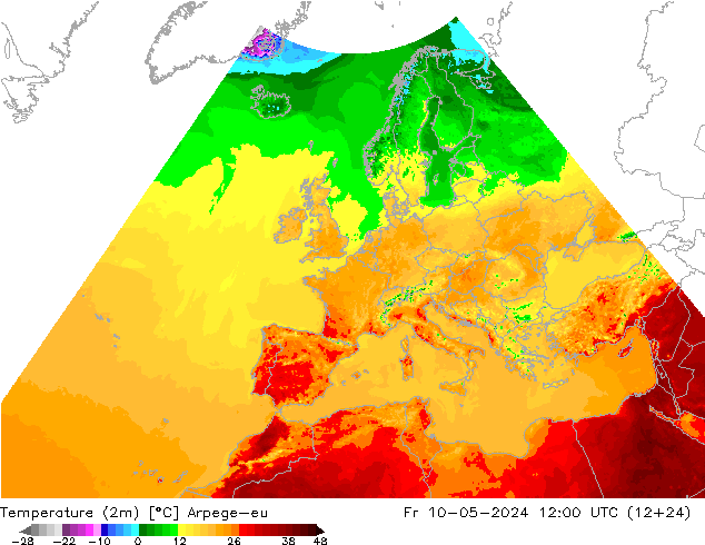 mapa temperatury (2m) Arpege-eu pt. 10.05.2024 12 UTC