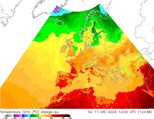 Temperatura (2m) Arpege-eu Sáb 11.05.2024 12 UTC