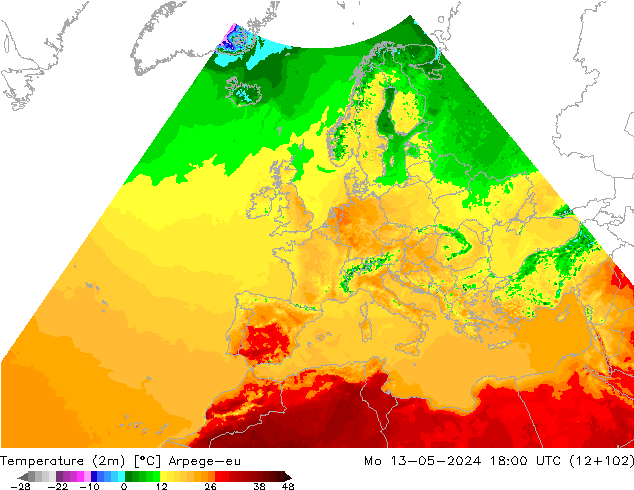 Temperature (2m) Arpege-eu Mo 13.05.2024 18 UTC