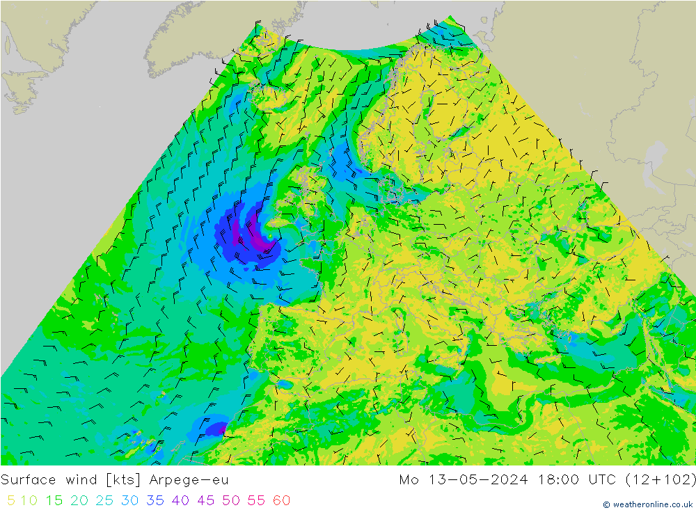 wiatr 10 m Arpege-eu pon. 13.05.2024 18 UTC