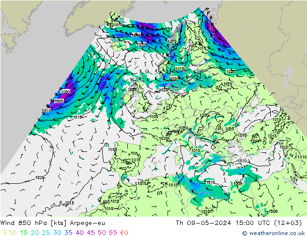 Wind 850 hPa Arpege-eu Čt 09.05.2024 15 UTC