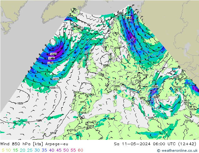 Wind 850 hPa Arpege-eu Sa 11.05.2024 06 UTC