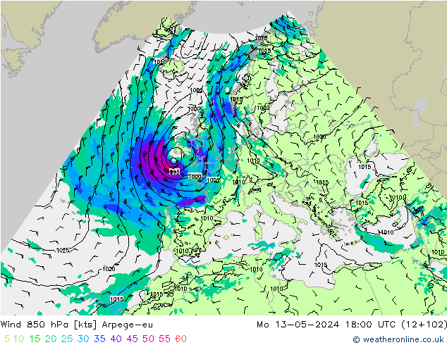 Wind 850 hPa Arpege-eu Po 13.05.2024 18 UTC