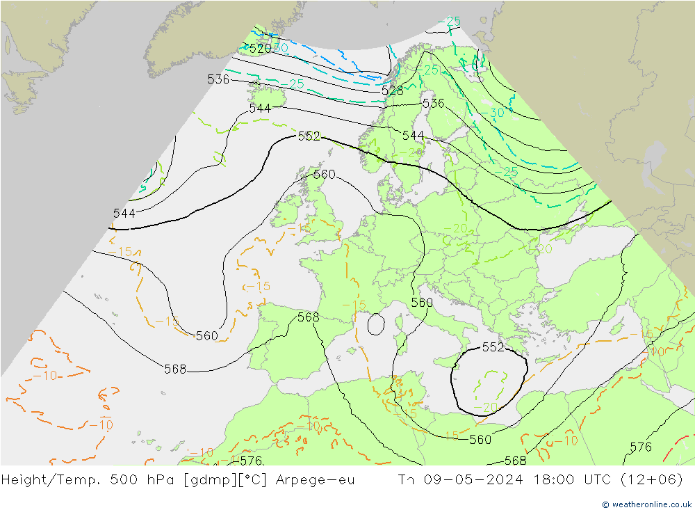 Height/Temp. 500 hPa Arpege-eu czw. 09.05.2024 18 UTC