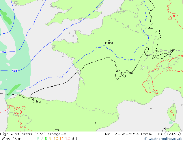 High wind areas Arpege-eu  13.05.2024 06 UTC