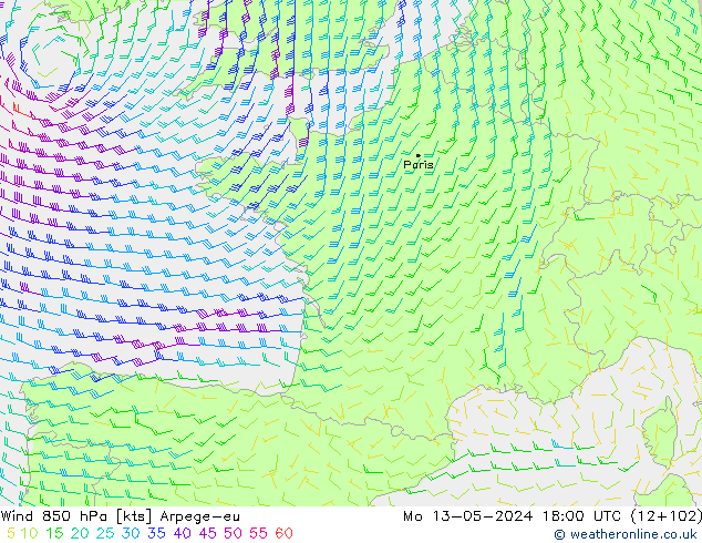 Wind 850 hPa Arpege-eu Mo 13.05.2024 18 UTC