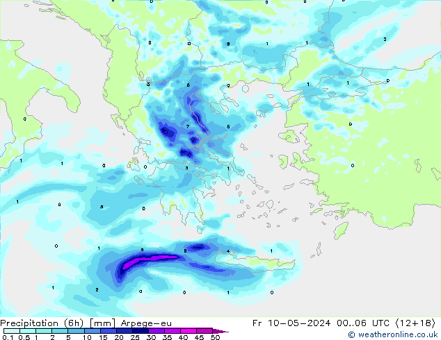 Precipitación (6h) Arpege-eu vie 10.05.2024 06 UTC