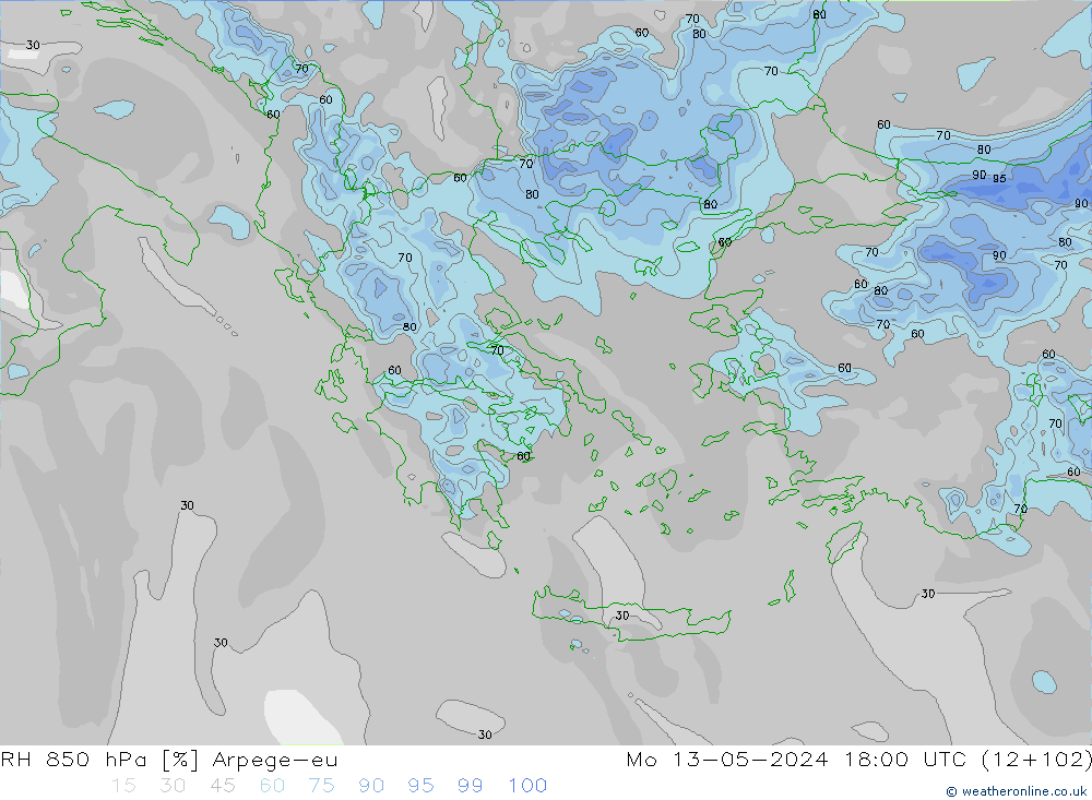 RH 850 hPa Arpege-eu Po 13.05.2024 18 UTC