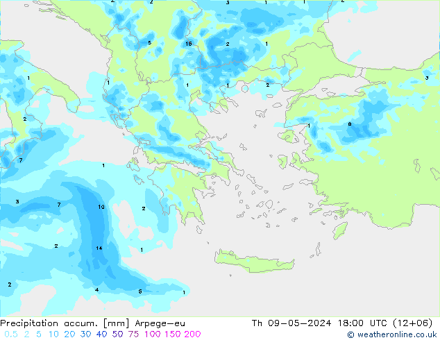 Precipitation accum. Arpege-eu czw. 09.05.2024 18 UTC