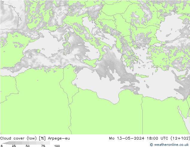 Cloud cover (low) Arpege-eu Mo 13.05.2024 18 UTC