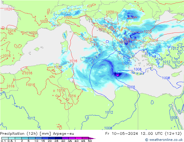 Totale neerslag (12h) Arpege-eu vr 10.05.2024 00 UTC