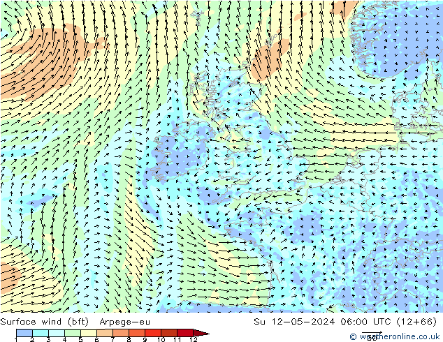 Surface wind (bft) Arpege-eu Ne 12.05.2024 06 UTC
