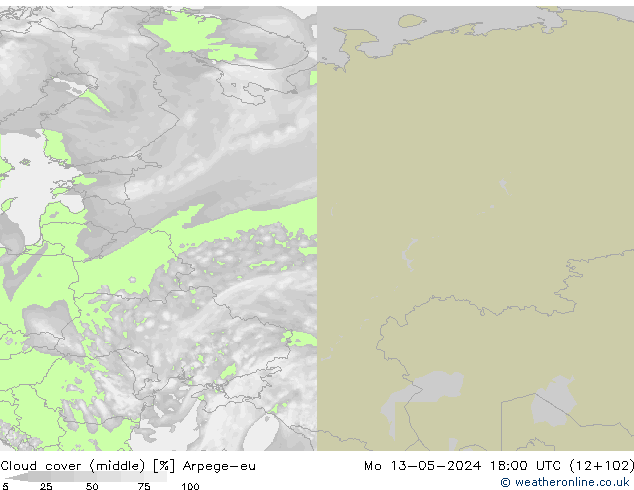 Cloud cover (middle) Arpege-eu Mo 13.05.2024 18 UTC