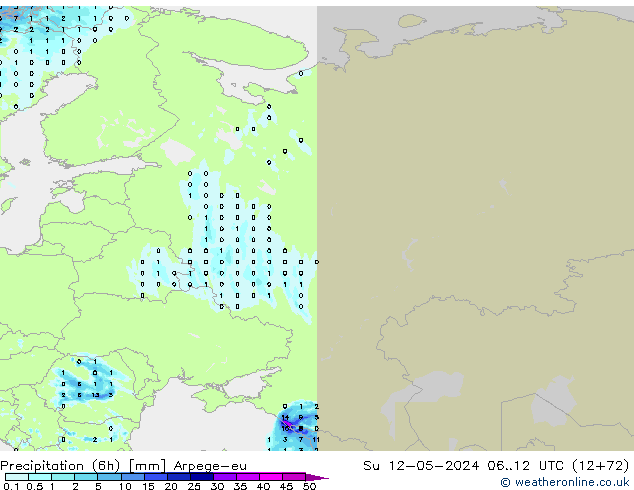 Totale neerslag (6h) Arpege-eu zo 12.05.2024 12 UTC