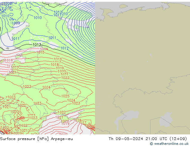 Atmosférický tlak Arpege-eu Čt 09.05.2024 21 UTC