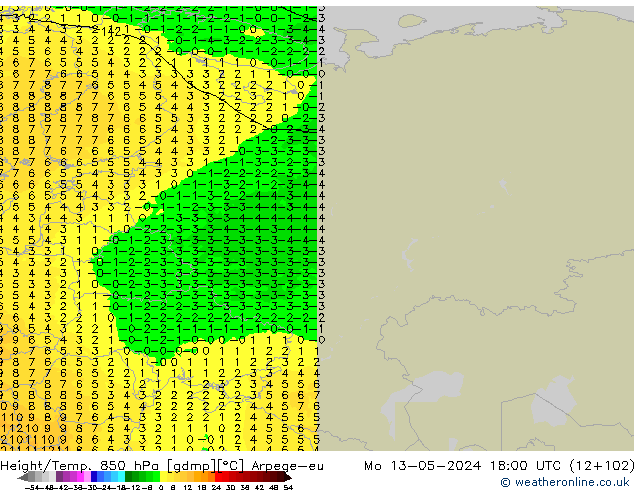 Height/Temp. 850 hPa Arpege-eu Mo 13.05.2024 18 UTC