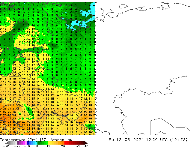 Temperatuurkaart (2m) Arpege-eu zo 12.05.2024 12 UTC