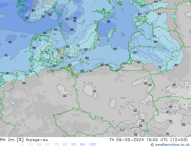 RH 2m Arpege-eu Qui 09.05.2024 15 UTC
