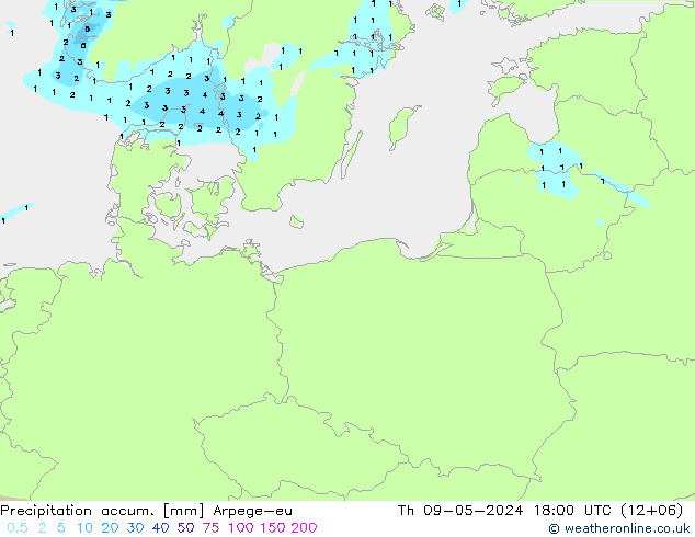 Precipitation accum. Arpege-eu czw. 09.05.2024 18 UTC